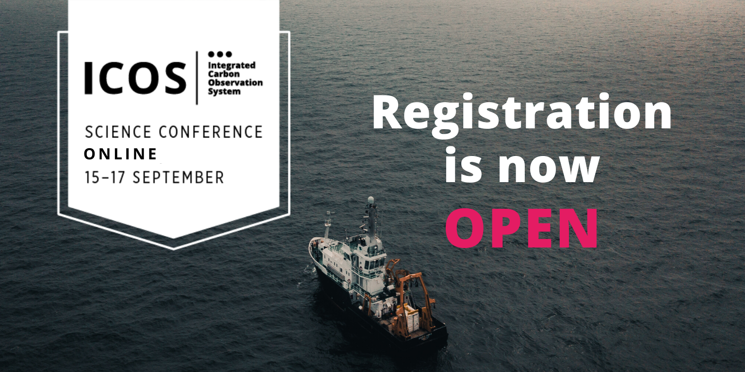 Banner with the test "registration now open" over a photo of a scientific ship and the conference logo.