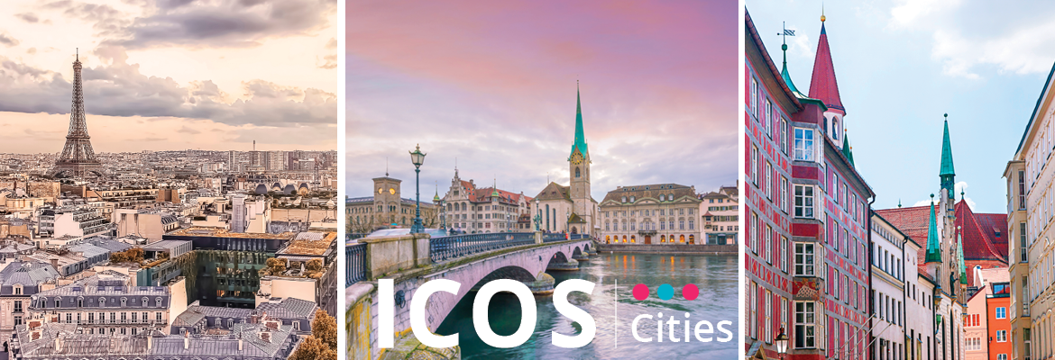 Three cities have been selected as pilots for the ICOS-Cities project: Paris (large), Munich (medium) and Zürich (small).