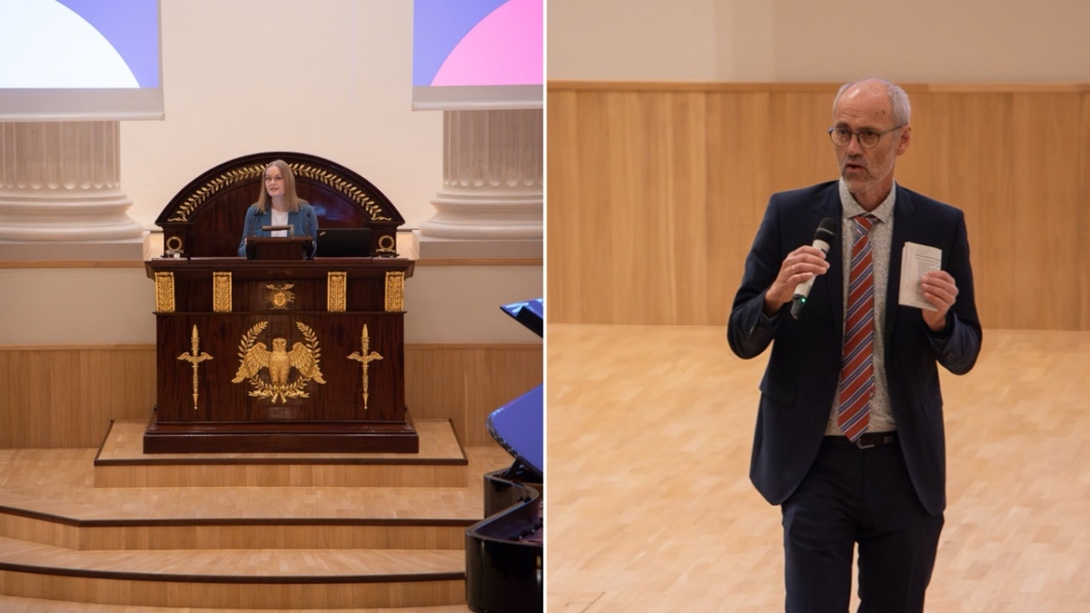 two speakers side by side