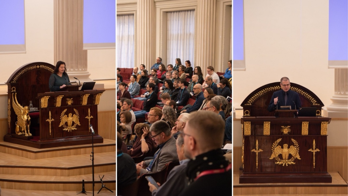 Three pictures side by side. Two speakers and a picture of the audience listening. 