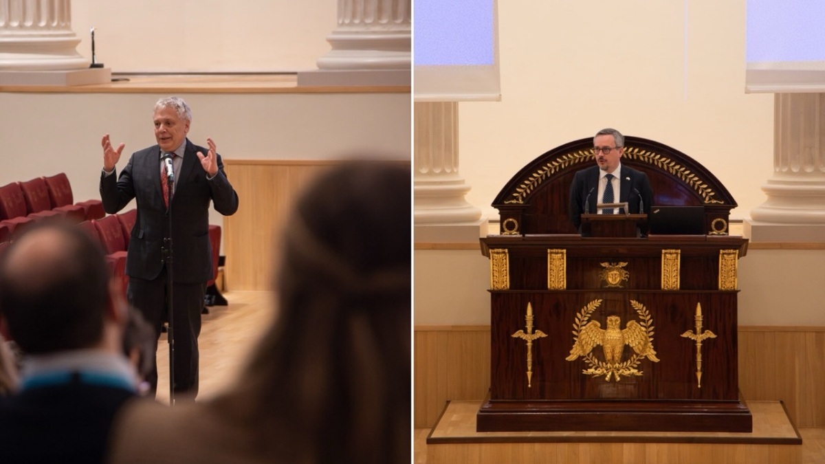 two speakers side by side