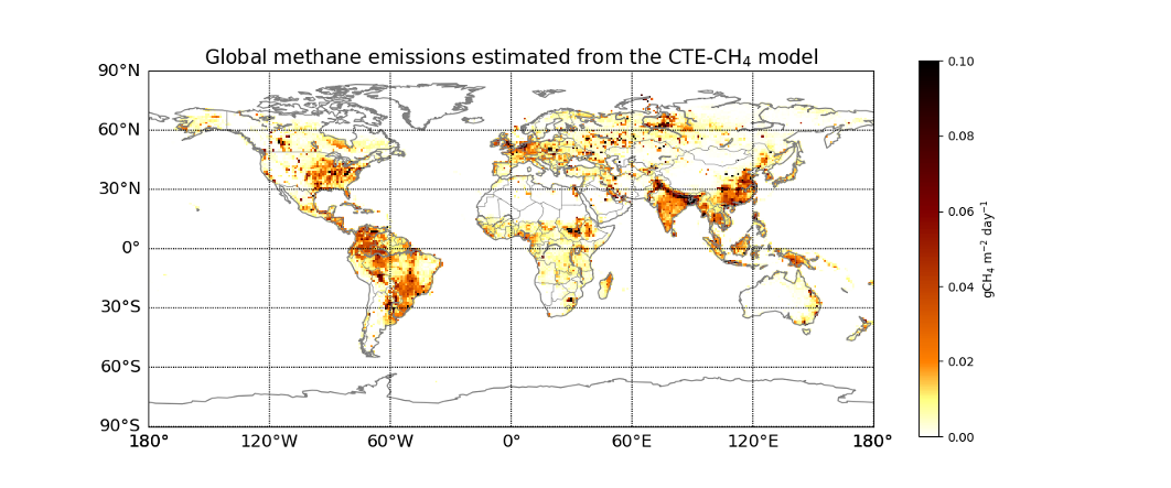 Figure 1) Global total methane (CH4) emissions estimated from CTE-CH4 atmospheric inverse model. The ICOS atmospheric methane observations are used to constrain the emission magnitude and distributions over Europe.