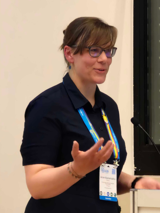 Anne Klosterhalfen giving the Outstanding ECS Award Lecture on Flux exchange of a near-natural temperate deciduous forest under drought stress (EGU26, Vienna, Austia)
