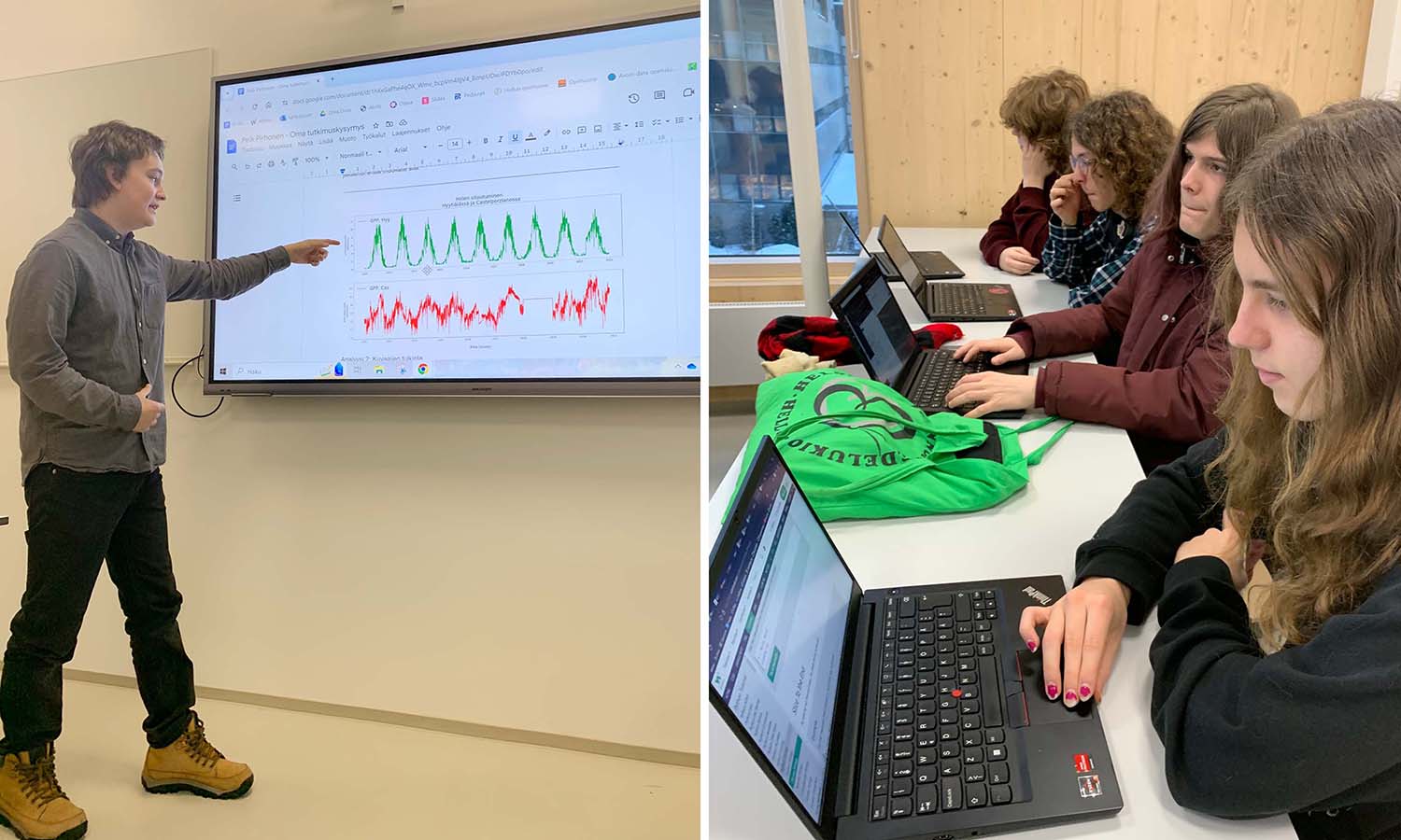 Peik Pirhonen presenting his results to the class.