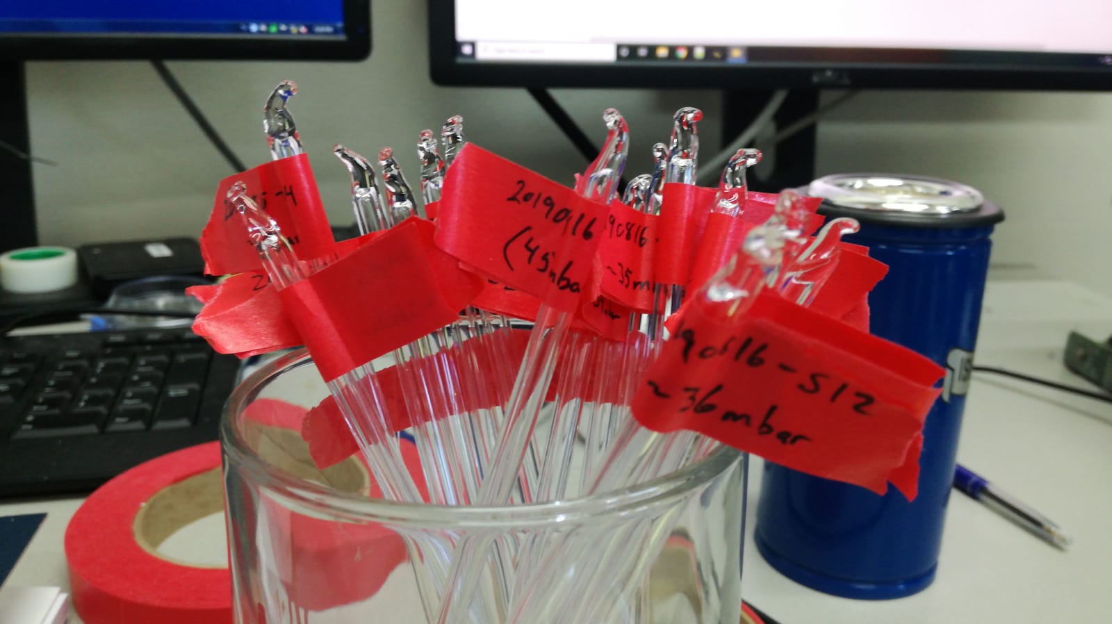 Figure 5) Labelled glass vials with pure carbon dioxide extracted from the air flasks, ready to be measured in the isotope system. Photo taken by Getachew Adnew.