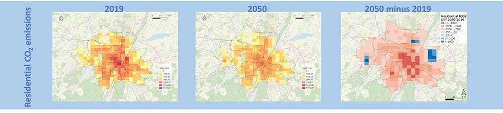 Munich's residential sector CO2 emissions, with the newly built residential areas showing an increase in emissions.