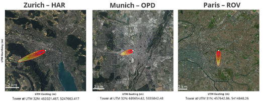 Figure 5: Examples of individual footprints from each of the cities’ towers at a specific moment in time. The footprint changes constantly depending on wind, air mixing, and surface conditions, making it a dynamic tool for real-time urban monitoring.