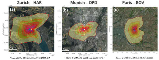 Figure 6: Example footprint climatology for the year 2024 at (a) HAR, (b) OPD, and (c) ROV. Red contour lines correspond to 10-80% of the footprints at 10% increments