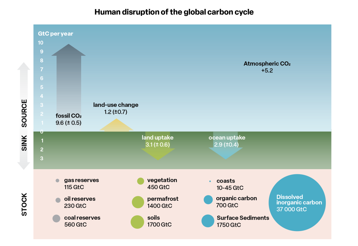 Figure 1.  Average human influence in the global carbon cyclein GtC per year, gigatonnes of carbon, for the decade 2012-2021. adapted from Global Carbon Project 20221.