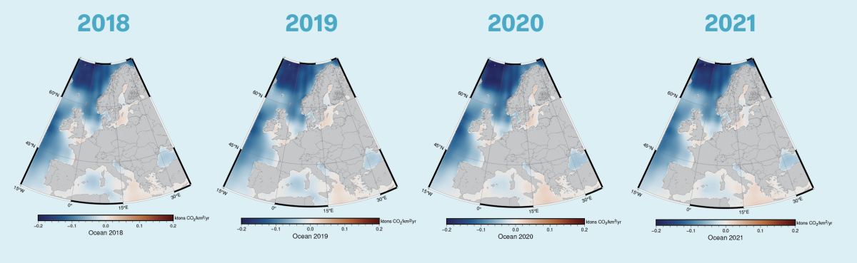 Figure 3. Annual mean net ecosystem exchange of oceans and coastal regions around Europe from 2018 to 2022.