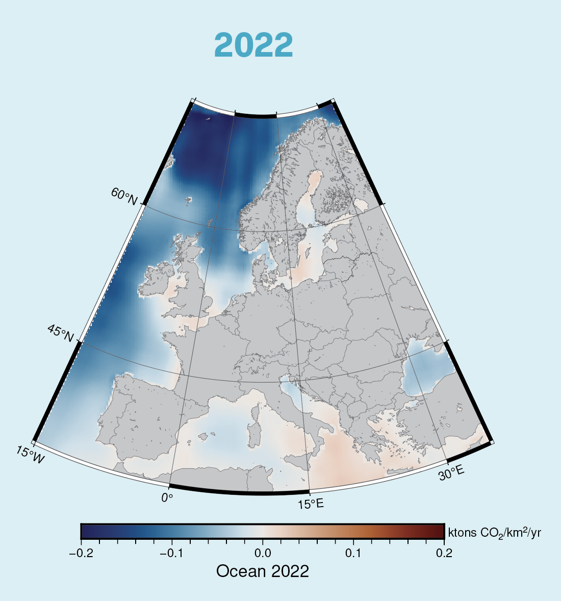 Figure 3. Annual mean net ecosystem exchange of oceans and coastal regions around Europe from 2018 to 2022.
