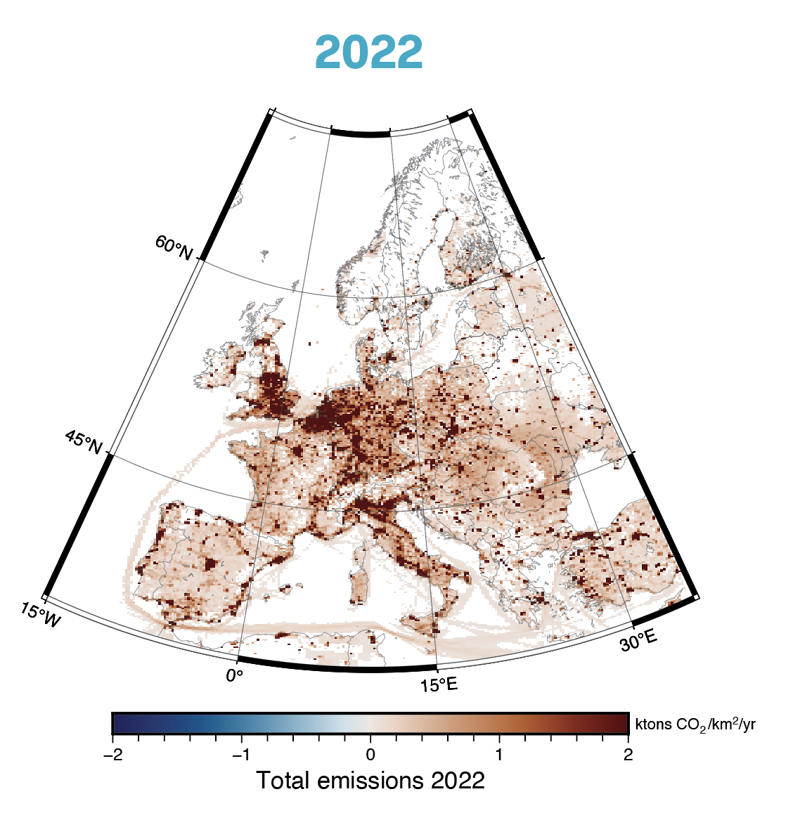 Figure 4. Annual mean human emissions of CO2 from fossil fuels in and around Europe from 2018 to 2022. Highest emissions are in industrial areas and highly populated cities1. 