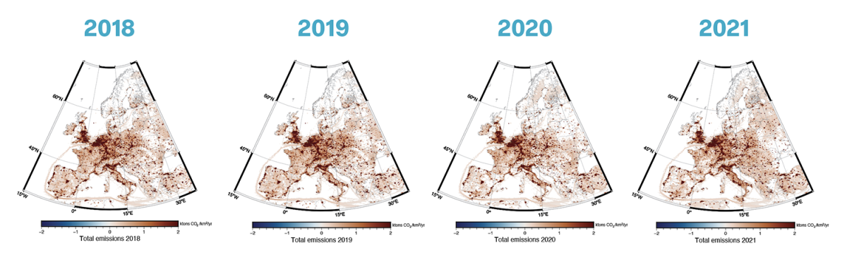 Figure 4. Annual mean human emissions of CO2 from fossil fuels in and around Europe from 2018 to 2022. Highest emissions are in industrial areas and highly populated cities1. 