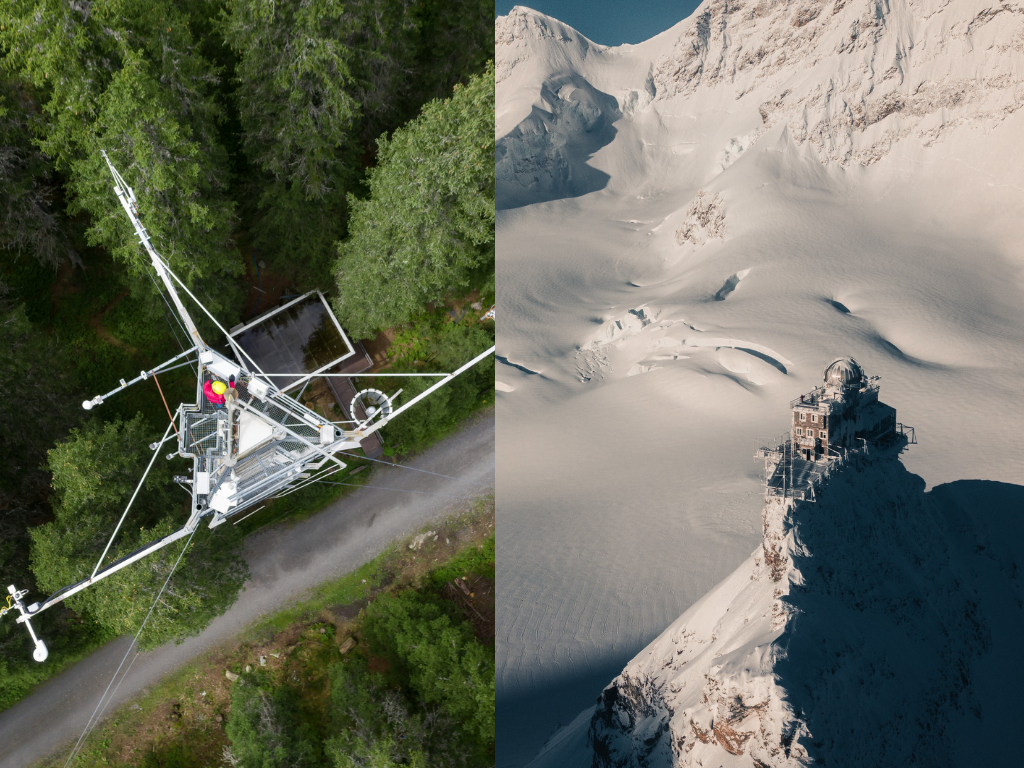 Picture of an observation station on a snowy mountaintop and a station in a green forest