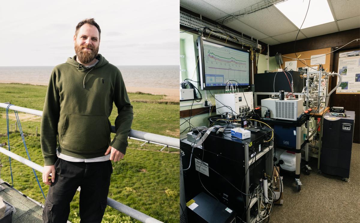 on the left: picture of a male technician smiling at the camera, on the right picture of the FTIR instrument