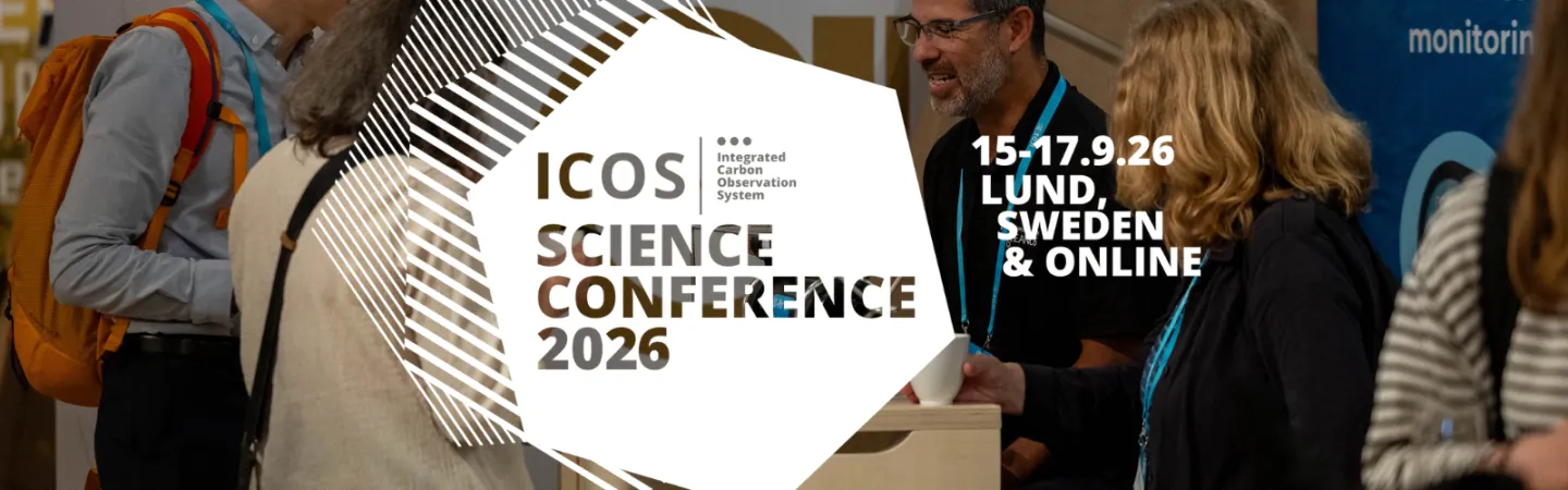 A group of people stand and talk in a conference setting. In the foreground, an overlaid graphic displays the text “ICOS – Integrated Carbon Observation System, Science Conference 2026,” along with the dates “15–17.9.26” and the location “Lund, Sweden & Online.”