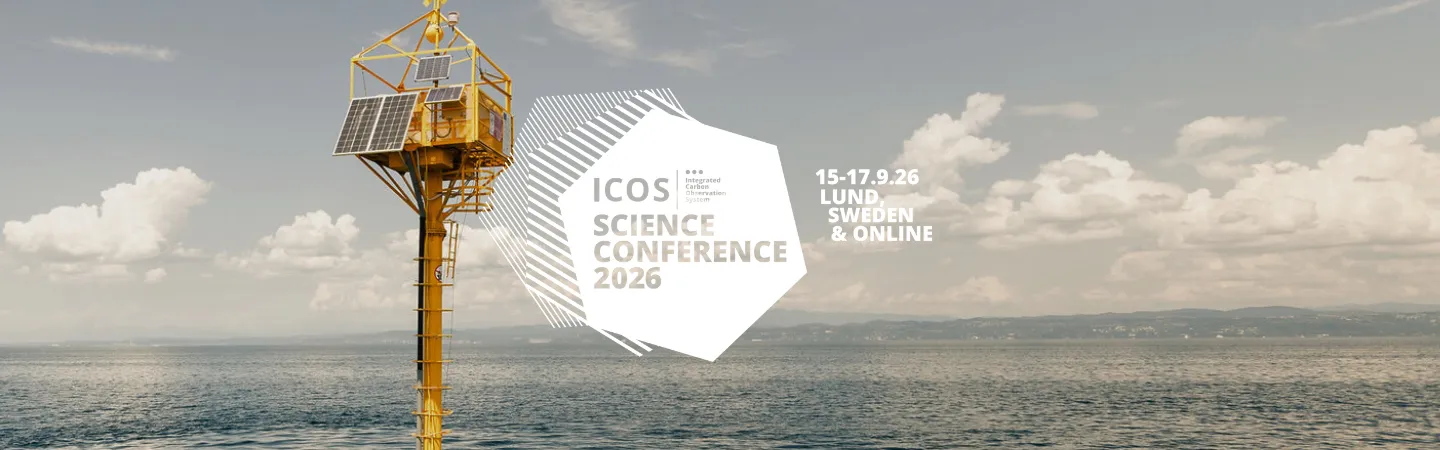 A yellow marine observation tower equipped with solar panels and scientific instruments stands in calm ocean water beneath a partly cloudy sky. Overlaid text reads “ICOS – Integrated Carbon Observation System, Science Conference 2026, 15–17.9.26, Lund, Sweden & Online.”