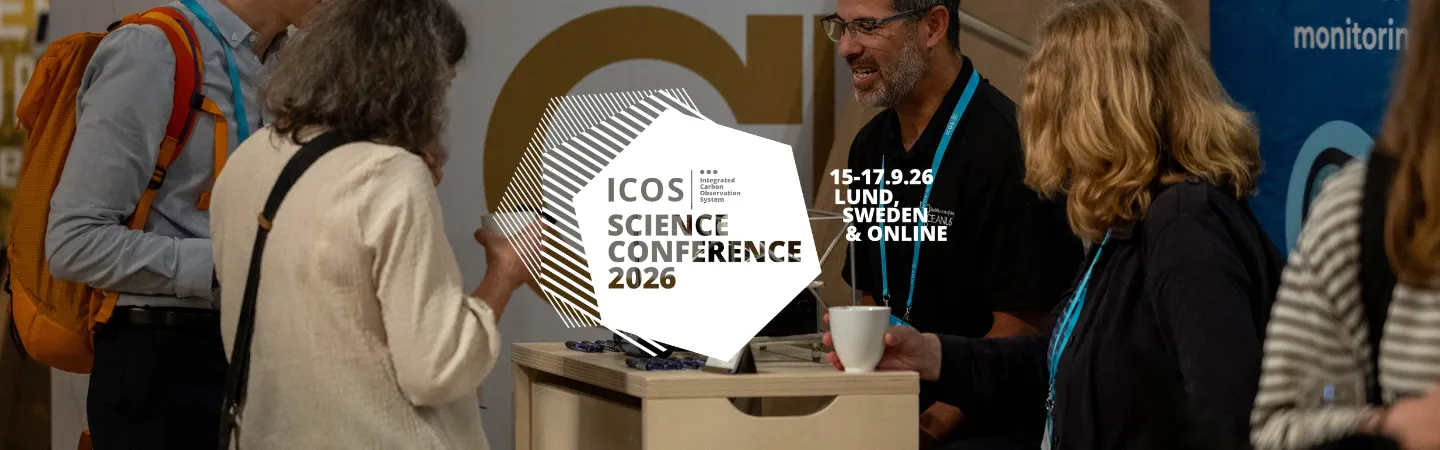 A group of people stand and talk in a conference setting. In the foreground, an overlaid graphic displays the text “ICOS – Integrated Carbon Observation System, Science Conference 2026,” along with the dates “15–17.9.26” and the location “Lund, Sweden & Online.”