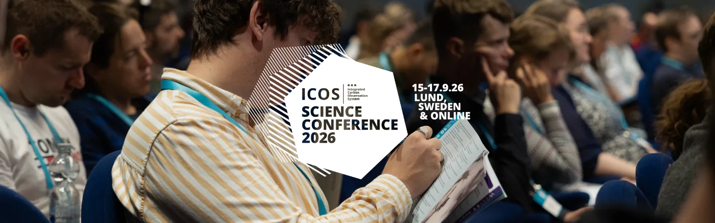 A promotional banner for the ICOS Science Conference 2026, taking place 15–17 September in Lund, Sweden, and online. The background shows an audience of conference attendees seated in a lecture hall, with one participant in the foreground reading a printed programme.