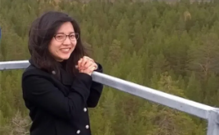 Aki Tsuruta overlooking forest from the ICOS measurement station in Pallas-Sammaltunturi.