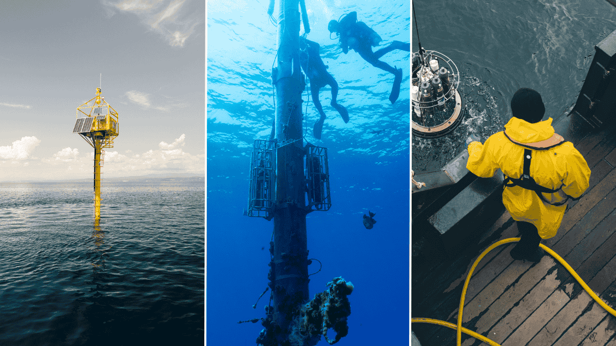 three pictures side-by-side showing a fixed ocean station, underwater maintenance work done by divers and a man in yellow overalls lowering a carousel-like instrument into the sea