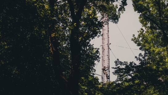 man climbing up a measurement tower in a green forest