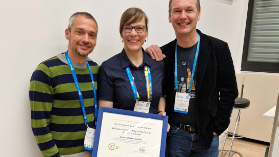 Anne with her PhD supervisor Alexander Graf (ICOS Ecosystem MSA Chair, left) and Postdoc supervisor Alexander Knohl (PI of ICOS Hainich station, right) and Matthias Peichl.