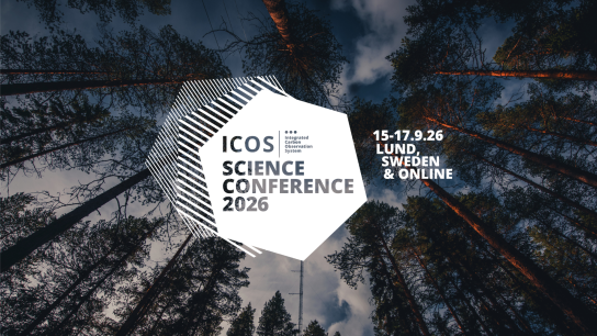 ICOS Science Conference logo atop upward facing photo of pine forest