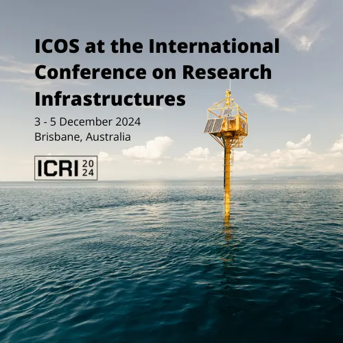 An image of an ocean measurement station with the text ICOS at the international conference on research infrastructures