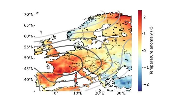 map showing temperature anomalies in Europe