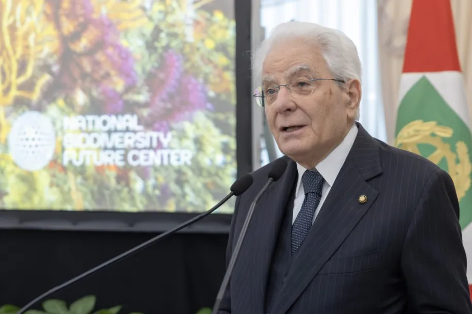 Italian President Sergio Mattarella speaks at the event at Castelporziano