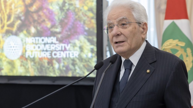 Italian President Sergio Mattarella speaks at the event at Castelporziano
