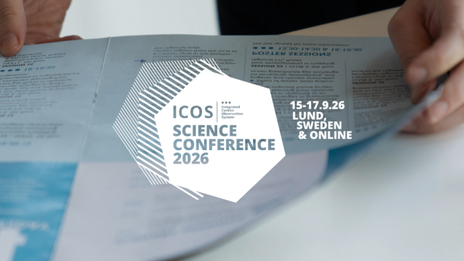 A promotional banner for the ICOS Science Conference 2026, taking place 15–17 September in Lund, Sweden, and online. The background shows a close-up of hands holding an open conference programme booklet with a printed schedule visible.
