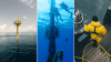 three pictures side-by-side showing a fixed ocean station, underwater maintenance work done by divers and a man in yellow overalls lowering a carousel-like instrument into the sea